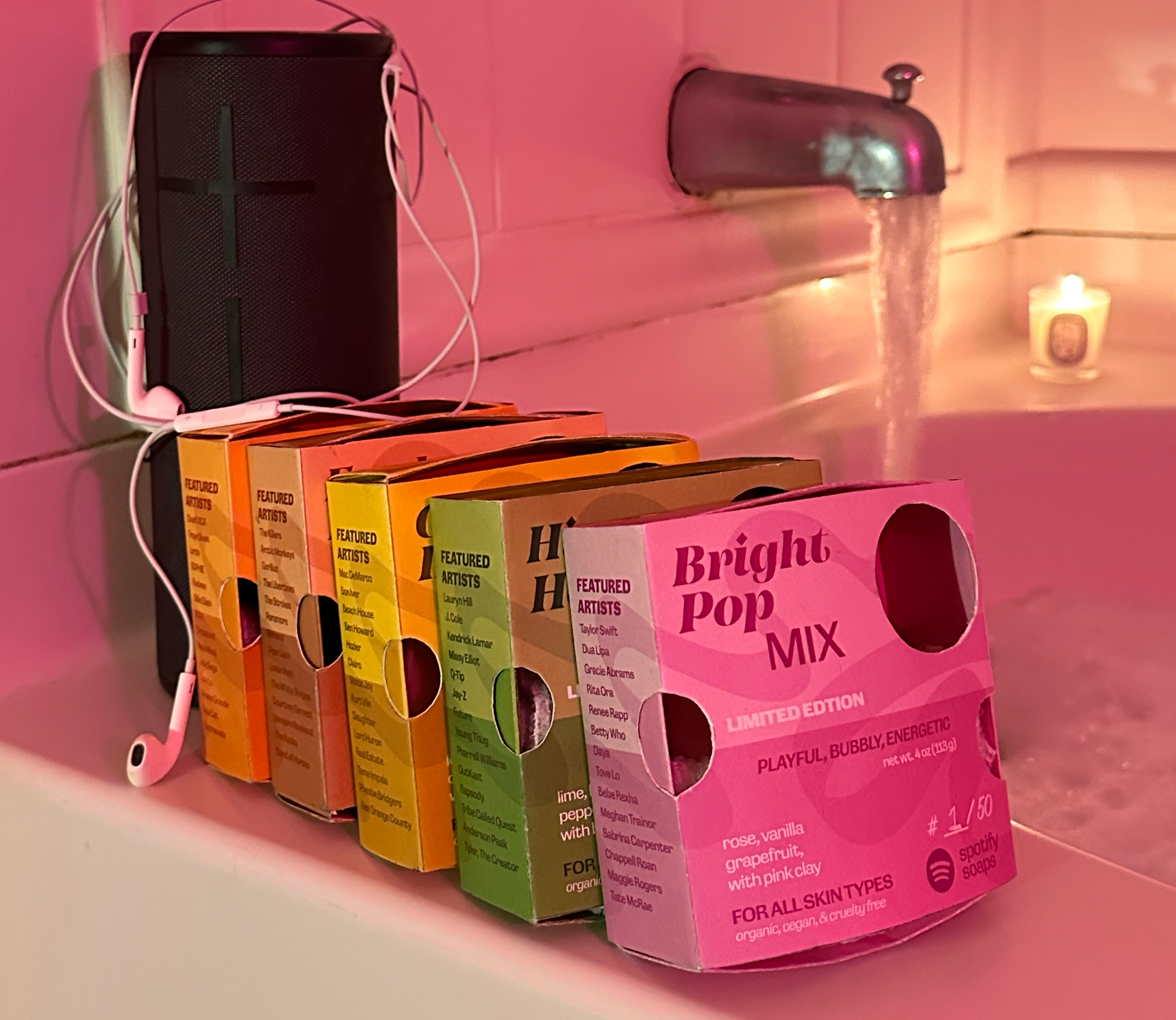 Spotify Soaps — full lineup in bathtub